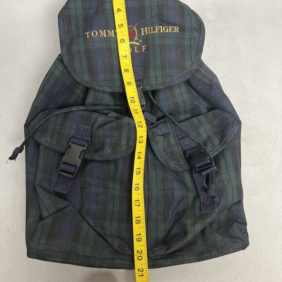 Vintage Tommy Hilfiger Spell Out Drawstring Cinch Backpack Navy Blue Green Plaid - Picture 8 of 9